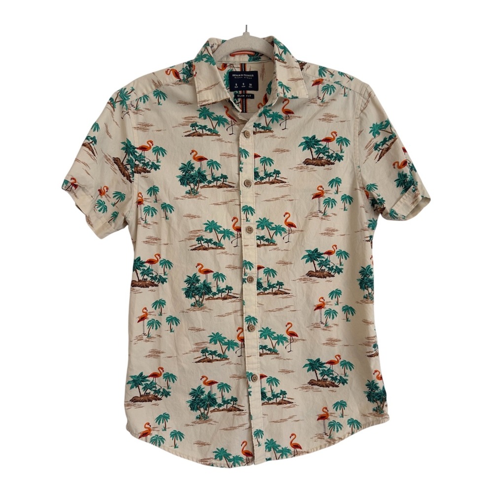 Denim & Flower Ricky Singh Mens Small Slim Fit Flamingo Palm Tree Tropical Shirt